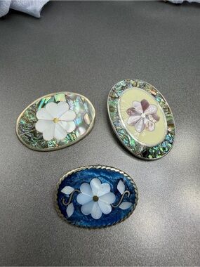 ⬇️⬇️ Vintage Alpaca Abalone Oval Inlay Brooches Mother of Pearl #68sb